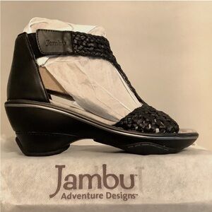 Jambu Black Wedge Sandals with Perforated T-Strap